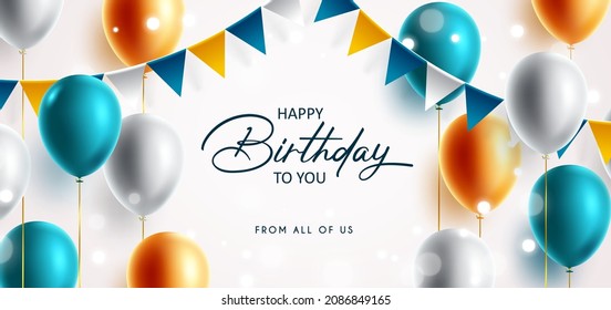 Birthday party vector background design. Happy birthday greeting text with celebration elements like balloons and pennants for celebrating birth day decoration. Vector illustration.
