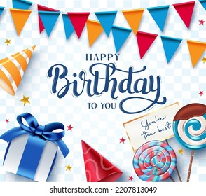 Birthday party vector background design. Happy birthday to you text with colorful elements of gift, pennants, hats and lollipop for kids birth day celebration. Vector illustration.
