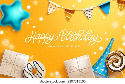 Birthday party vector background design. Happy birthday greeting text with colorful decoration of pennants, gifts and dessert elements for celebrating birth day. Vector illustration.
