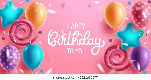 Birthday party vector background design. Happy birthday greeting text in pink space with cute balloon shape and pattern for fun and enjoy kids birth day messages card. Vector illustration.
