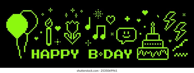 Fondo de Vector de fiesta de cumpleaños. Pixel art. Conjunto de iconos de píxeles de feliz cumpleaños y2k. Pastel de fiesta. Cara sonriente. Vela. Flor. Juego de Elementos verdes abstractos. Formas modernas geométricas sobre fondo negro. 