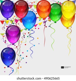 Birthday party vector background - realistic transparency colorful festive balloons, confetti, ribbons flying for celebrations card in isolated white background with space for you text.