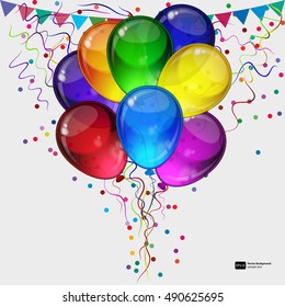 Birthday party vector background - realistic transparency colorful festive balloons, confetti, ribbons flying for celebrations card in isolated white background with space for you text.