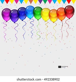 Birthday party vector background - realistic transparency colorful festive balloons, confetti, ribbons flying for celebrations card in isolated white background with space for you text.