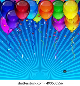 Birthday party vector background - realistic transparency colorful festive balloons, confetti, ribbons flying for celebrations card in isolated white background with space for you text.