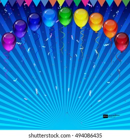 Birthday party vector background - realistic transparency colorful festive balloons, confetti, ribbons flying for celebrations card in isolated white background with space for you text.