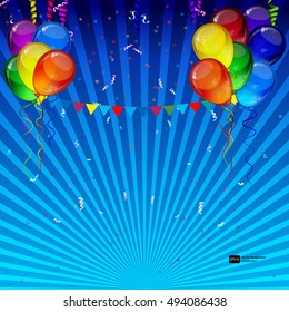 Geburtstagsfeier, Vektorhintergrund - realistische Transparenz bunter festlicher Ballons, Konfetti, Bänder, die für Feierlichkeiten fliegen, Karte einzeln auf weißem Hintergrund mit Platz für Ihren Text.