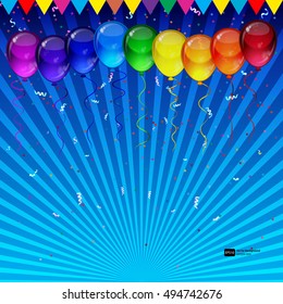 Birthday party vector background - realistic transparency colorful festive balloons, confetti, ribbons flying for celebrations card in isolated white background with space for you text.