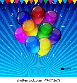 Birthday party vector background - realistic transparency colorful festive balloons, confetti, ribbons flying for celebrations card in isolated white background with space for you text.