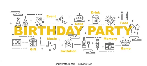 birthday party vector banner design concept, flat style with icons