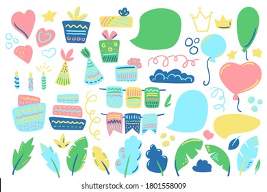 Birthday party vector clipart on white background. Colorful b-day decor for baby shower or kids birthday party. Party hat, speeck bubble, ribbon banner and birthday cake. Kids party clip art