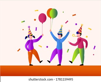 Birthday party vector concept: group of children dancing at a birthday party with confetti and balloons