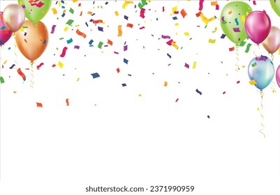 Birthday party vector design. Happy birthday greeting text with floating colorful balloons, pennants and confetti celebration elements for birth day card decoration. Vector illustration