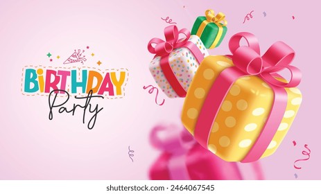 Birthday party vector design. Happy birthday greeting with dots pattern cute gift boxes decoration elements in pink background for invitation card template. Vector illustration birthday party 