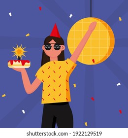 Ilustración plana vectorial de fiesta de cumpleaños. Concepto de carácter celebrando un cumpleaños. Pelota disco. Pastel de cumpleaños