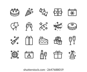 Conjunto de Ícones de Vetor de Festa de Aniversário | Espessura ajustável da linha | Bolo, balões, presente, celebração, champanhe, confete, chapéu de festa, calendário, bebidas, torcida, festivo, ícones de decorações