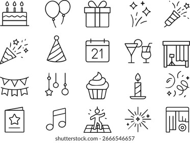 Fiesta de cumpleaños Vector Icon Set Pastel, Globos, Regalo, Celebración, Champán, Confeti, Sombrero de fiesta, Bebidas, Decoración festiva
