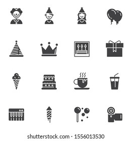 Birthday party vector icons set, modern solid symbol collection, filled style pictogram pack. Signs logo illustration. Set includes icons as gift box, birthday cake, ice cream, clown costume, cone hat