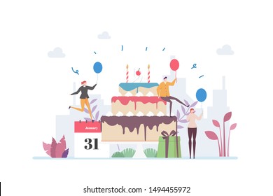 
Birthday Party Vector Illustration Concept Showing a group of people celebrating birthday using a giant cake, Suitable for landing page, ui, web, App intro card, editorial, flyer, and banner.