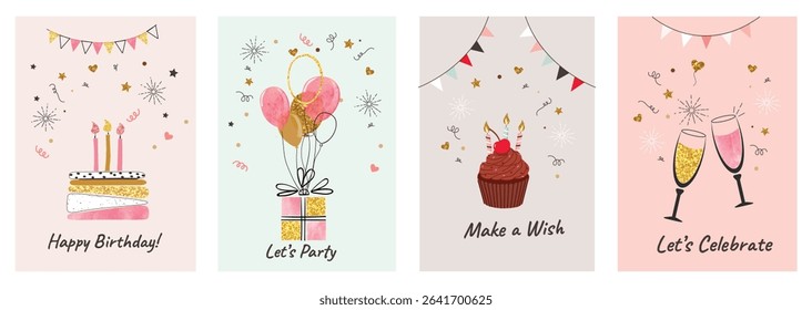 Birthday Party Vector Illustrations, Cake, Balloons, Cupcake, Champagne.