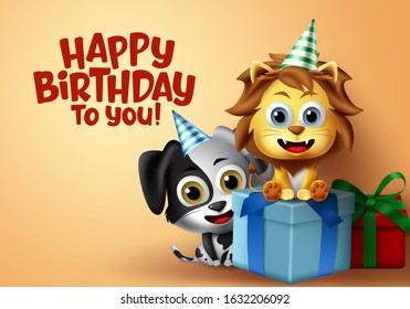 Birthday party vector kids animal characters. Happy birthday greeting text with lion and dog animal characters sitting in gifts with party hat elements and party presents in yellow background. 