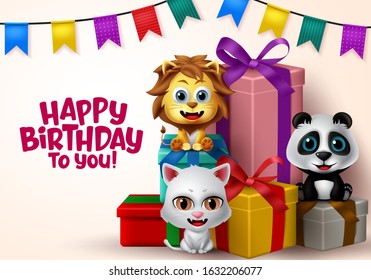 Birthday party vector kids animals. Happy birthday greeting text with cat, lion, and bear animal characters sitting in gift elements with colorful pennants in white background. Vector illustration
