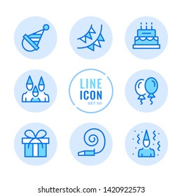 Birthday party vector line icons set. Celebration, surprise, birthday cake, holiday, gift outline symbols. Thin line design. Modern simple stroke graphic elements. Round icons