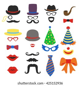 Birthday party vector photo booth props - Glasses, hats, lips, moustaches, ties and pipe