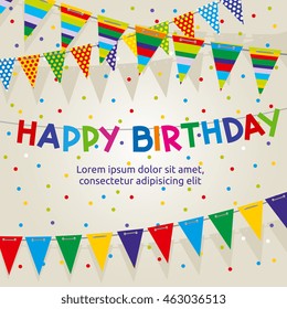 Birthday party vector poster with multicolored bright buntings garlands