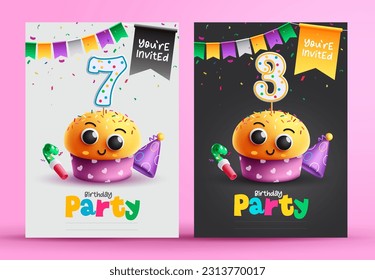 Birthday party vector poster set. Happy birthday invitation card with cup cake and muffin celebration elements. Vector illustration greeting banner collection.