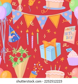 Birthday party vector seamless pattern. Cartoon illustrations of bouquet, cake, popper, gift, card, balloons, festive flags. Bright modern ornament.