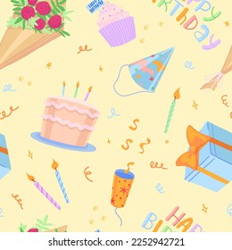 Patrón sin fisuras del vector de fiesta de cumpleaños. Ilustraciones de caricatura de ramo, tarta, pimienta, regalo. Un adorno moderno y luminoso.