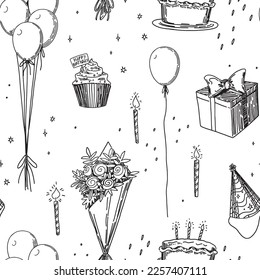 Birthday party vector seamless pattern  Outline illustrations cake  candles  gift  bouquet  balloons  Retro style ornament  