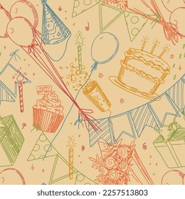 Birthday party vector seamless pattern  Outline illustrations cake  candles  gift  card  festive flags  bouquet  balloons  Bright retro style ornament  