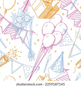 Birthday party vector seamless pattern  Outline illustrations candles  gift box  festive flags  bouquet  balloons  Bright retro style ornament  