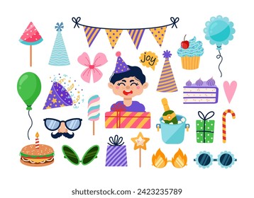Birthday party vector set. Cute smiling boy with a gift. Festive elements - firecracker, cake, champagne, balloon, sweets, garland. Surprise for a child, holiday celebration. Happy kid cartoon clipart