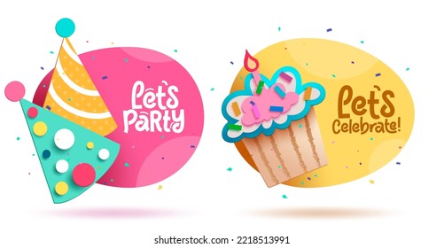 Birthday party vector set design. Let's party and celebrate lay out decoration for invitation card collection background. Vector Illustration.