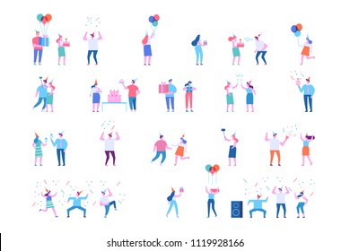 Birthday party vector set. People celebrating and having fun. Flat vector characters.