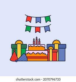 birthday party vector simple design, gift, cake and decoration