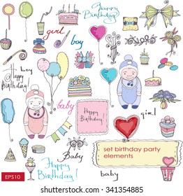   Birthday Party vector sketch elements set. Isolated colorful elements for celebration design.