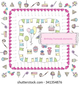 Birthday Party vector sketch with frames. Isolated colorful elements for celebration design.