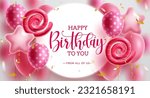 Birthday party vector template design. Happy birthday greeting text in circle space with pink balloon in spiral and star shape for kids birth day party. Vector illustration.
