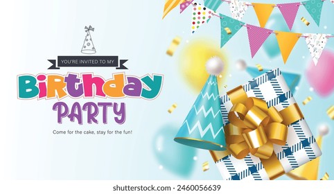 Birthday party vector template design. Happy birthday invitation card with gift box, party hat  and streamers decoration elements for greeting postcard design. Vector illustration birthday invitation 