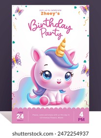 Birthday party vector template design. Birthday invitation card with unicorn pony cute character for magical celebration party kids invitation card poster design. Vector illustration birthday card 