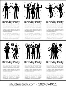 Birthday party vertical monochrome posters set with sample texts and people silhouettes in dynamic poses isolated cartoon flat vector illustrations.