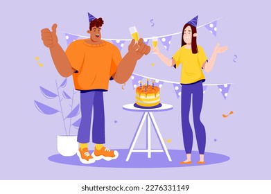Birthday party violet concept with people scene in the flat cartoon style. Friends celebrate the birthday of one of them with a cake and other decorations. Vector illustration.