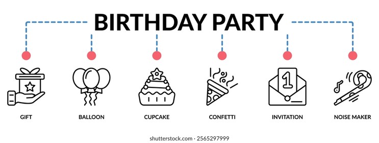 BIRTHDAY PARTY web banner icons collection. Containing icon of gift, balloon, cupcake, confetti, invitation, and noise maker. For sign, symbol, presentation, infographics, or web graphics