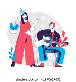 Birthday party web concept. Couple playing guitar and singing song. Holiday celebrating people scene. Flat characters design for website. Vector illustration for social media promotional materials
