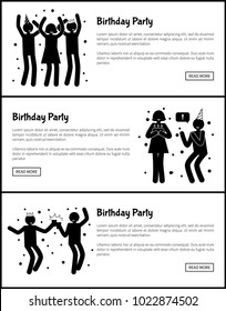 Birthday party web posters set in black and white colors with pictograms of posing people having fun vector illustration isolated dark silhouettes