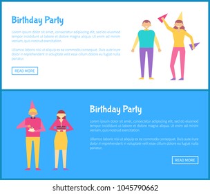 Birthday party web posters set with men and women celebrating happy holiday, man with festive cake, in caps dancing on birthday vector in cartoon style